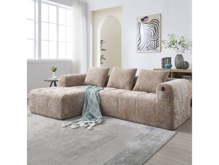DRIPEX Canapé d'angle Sectionnel en Chenille Moderne Canapé 3 places en forme de L avec 3 coussins poche latérale Kaki