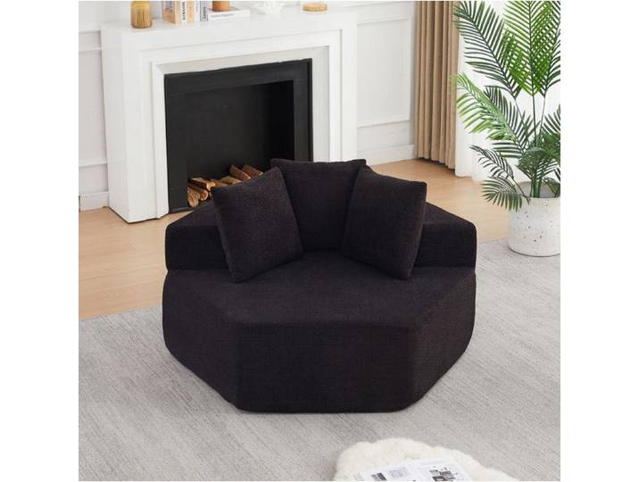 Fauteuil lounge modulable hexagonal 1 place avec 3 coussins accoudoirs chenille bouclée noire - UVRION