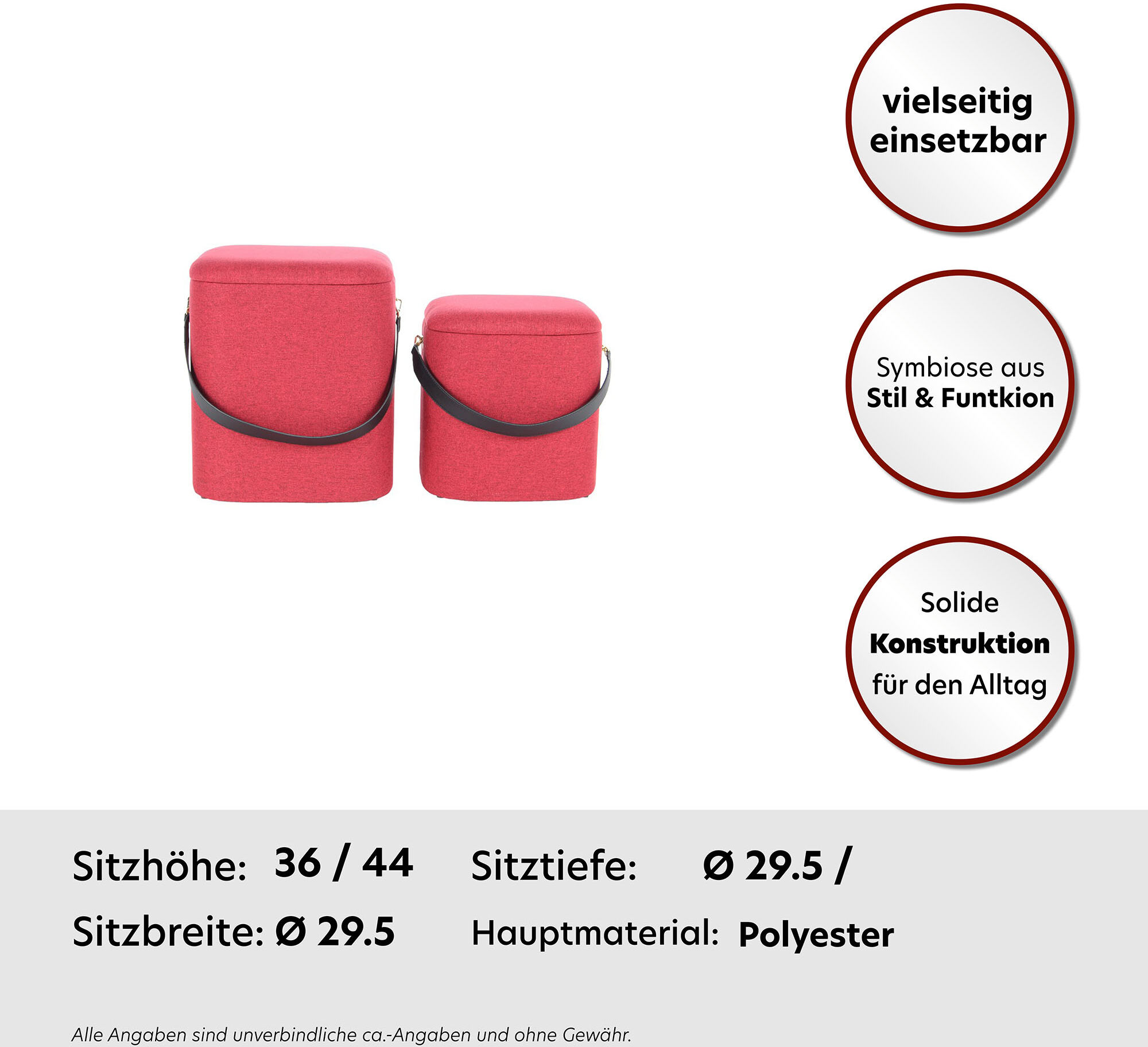 Hocker KAYOOM "Arabella 225 2er-Set, abnehmbare Sitzfläche, Lagerfläche im Inneren", rot (rot, schwarz), B:29,5cm H:36cm T:29,5cm, 100% Polyester in Leinenlook / Schaumstoff / Sperrrholz, Hocker, Hocker, stapelbar, gepolstert, mit Stauraum, abgerundete qu