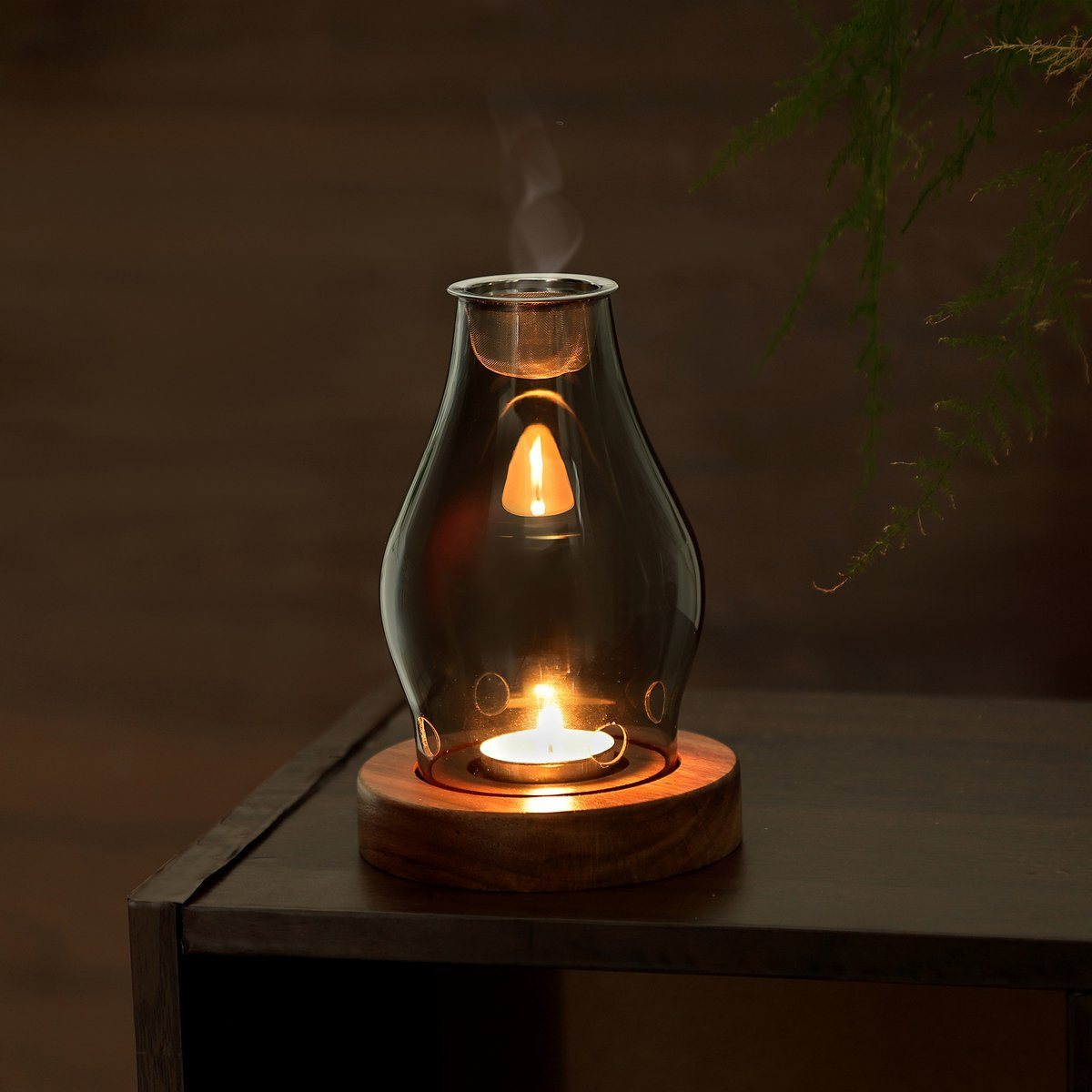 Retro Zen Glazen Wierookbrander en Theelichthouder met Houten Elementen, Transparant