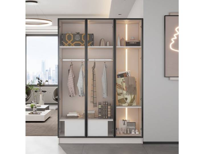 MEUVYX Armoire de chambre avec 3 portes vitrées 1 tiroir tringle à vêtements et LED en panneaux de particules 110 × 50 × 160 cm