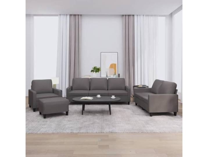 HEFZGDB 4-TLG. Sofagarnitur Grau Kunstleder mit Kissen, Langlebiges Polstermöbel für Wohnzimmer, Robuster Sitzkomfort mit Fußhocker, Schmutzabweisende Sofaelemente, Stabiles