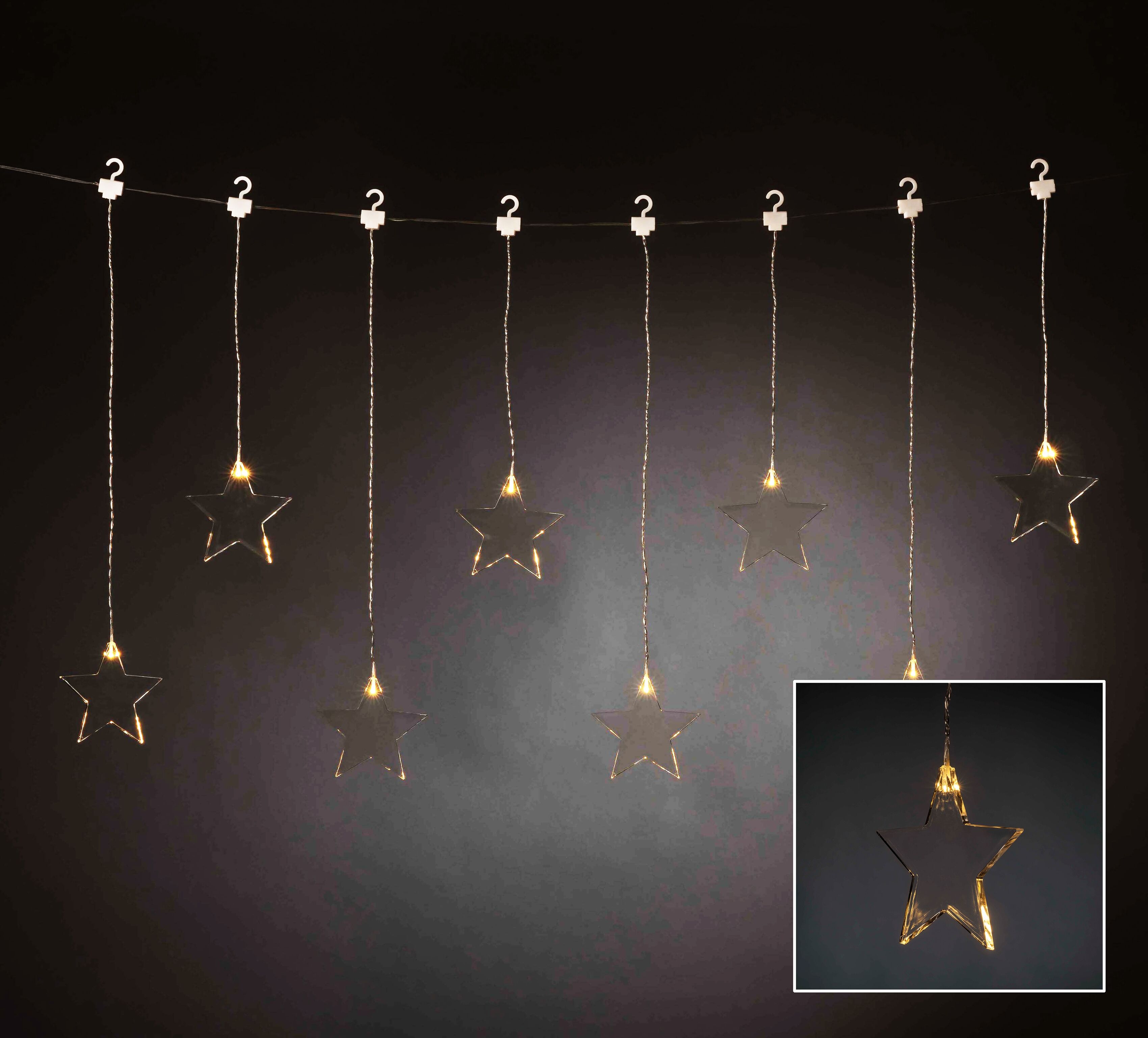KONSTSMIDE LED-Lichtervorhang "Weihnachtsdeko", transparent, Dioden 8 Stk., Gesamtlänge 6,05m, Lichterketten, mit 8 Plexisternen und warmweißen Dioden, LED-Lichtervorhang