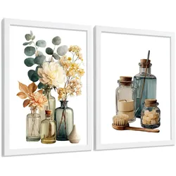 POSTER 2er-Set dekorative Badezimmer-Poster, minimalistische Wandbilder für Waschbecken, moderne Dekoration mit Blumen und Flaschen Weißer Rahmen A3