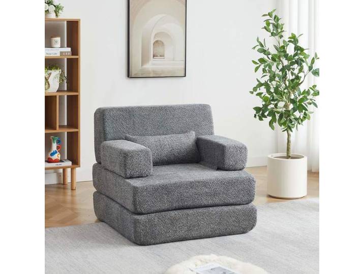 Canapé-lit convertible 1 place 2 en 1-Chauffeuse pliable modulable-Chenille-Lit d'appoint-Cadre métal-Petit espace-Gris