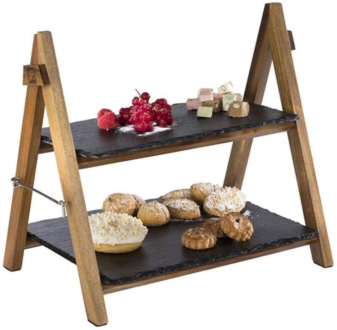 Etagere APS "Serviergestell", braun (braun, schwarz), Massivholz, Servierplatten, Etagere, 2-stufig, mit Gestell aus Akazienholz braun, schwarz Einheitsgröße