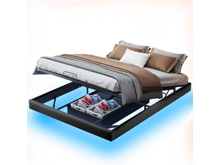 Shopentra Schwebendbett 160x200 LED Metallrahmen Stauraum, Schwarz, 160x200 cm, Schlafzimmer, Betten, Polsterbetten