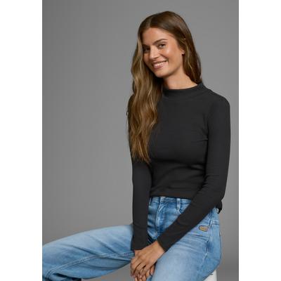Langarmshirt AJC, Damen, Gr. 42, schwarz, Rippware, Obermaterial: 60% Baumwolle, 40% Polyester, unifarben, Basic, sehr figurbetont, hoch geschlossener Ausschnitt, abgesteppte Kante, Shirts Langarmshirt, mit Stehkragen, sehr figurbetonte Passform,...