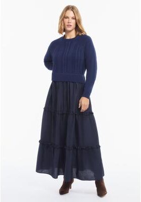 Plus Size Women's Tiered Mixed-Media Maxi Dress by June & Vie in Navy (Size 22/24)
