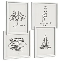 BILDER SET 4er Set - 50x50 cm & 40x60 cm Weißer Rahmen - Haus am Wasser, Toastsegelboot