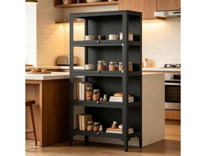 Gavoir Vitrinenschrank Schwarz Metall Glas Stahl Wohnzimmer 4-Lagen 32x78x165cm Glasvitrine Stehend Sammlervitrine