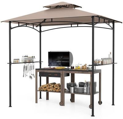 Costway 8 x 5 Feet Grill Gazebo with 2 Shelves 6 Hooks and Metal Frame-Rustic Brown