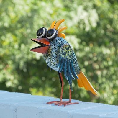 Alpine Corporation 11"" Tall Outdoor Metal Wide-Eyed Bird Statue Colorful Indoor/Outdoor Animal Decor"