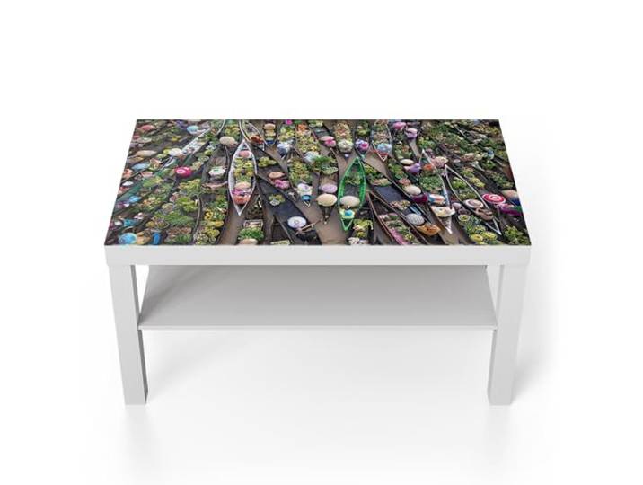 DEQORI Glastisch weiß groß 90x50 cm Motiv Marktleben auf Wasser ausgefallener Beistelltisch aus Glas Hochglanz Couchtisch fürs Wohnzimmer moderner Couch Tisch mit Design