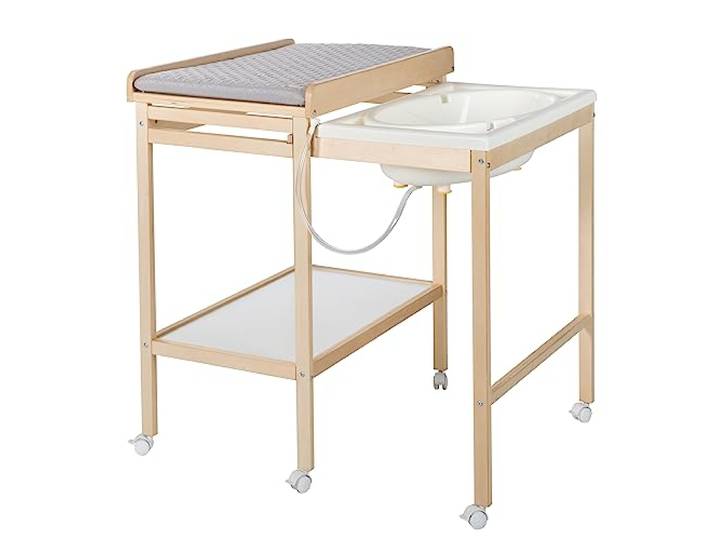 roba Bade Wickel Kombination + Wickelauflage Style grau - Mobiler Wickeltisch mit integrierter Badewanne - Kombi mit ausziehbarer Wickelfläche - Holz natur