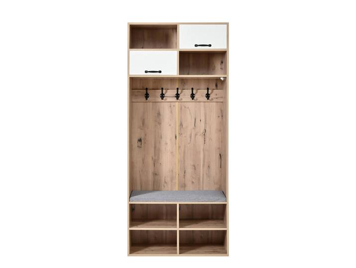 Flieks Garderobenset, Komplett-Set Flurgarderobe mit Sitzbank, 5 Haken, 2 Türen & 6 Offener Lagerraum - Naturholzfarbe und Weiß, 80×185×35 cm (B×H×T), Mehrfarbig, 80x185x35 cm, Garderobe, Garderobenhaken, Hakenleisten