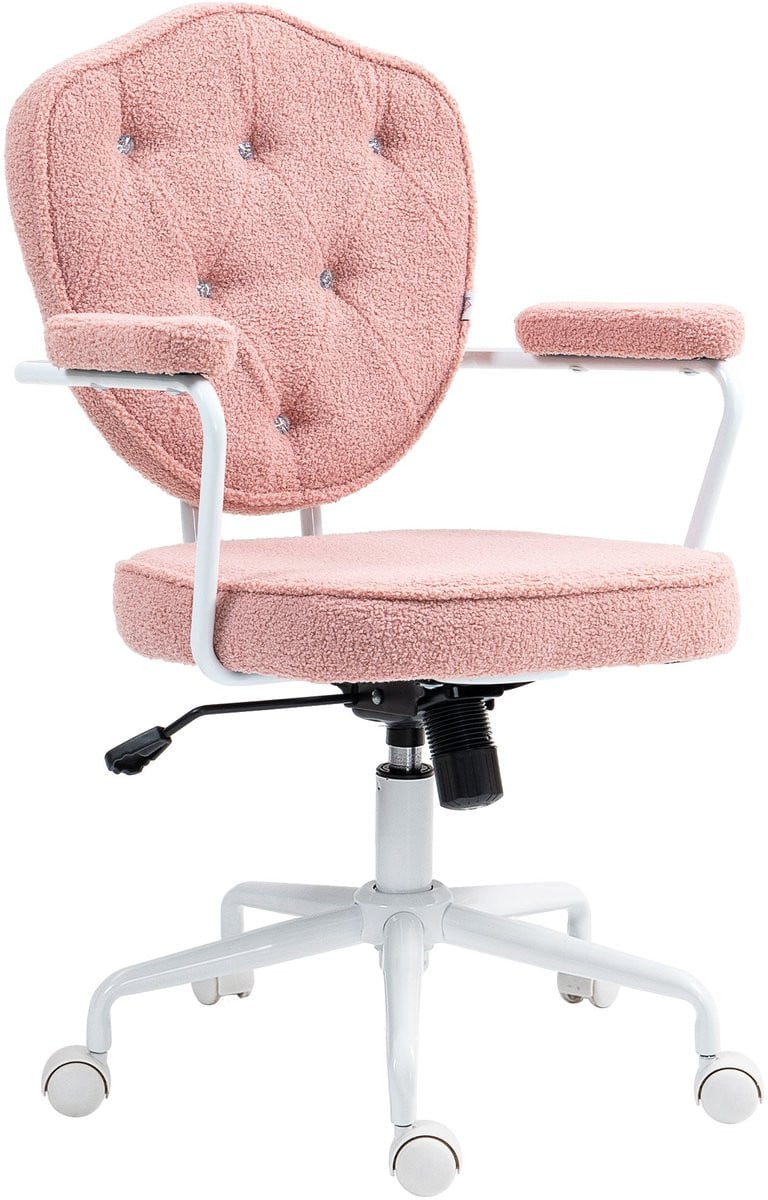 Merax Bureaustoel Roze Teddyfluweel Ergonomisch met Kippfunctie en Knopenpatroon