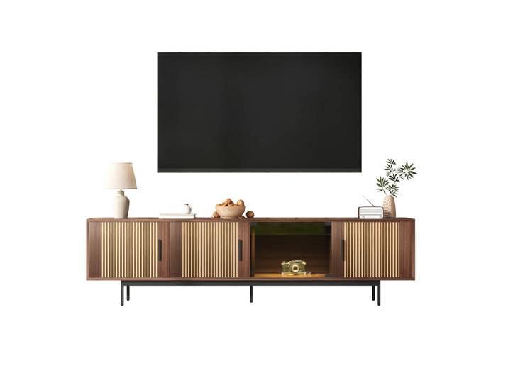 Evryae Lowboard TV-Schrank mit geschnitzter Textur und LED-Lichtleiste mit Glastür, Schwarz, Walnussfarben, Metall, Rechteckig,Rechteckig, Rundrohr, 200x53x35 cm, Wohnzimmer, TV Möbel, Lowboards, Lowboards stehend