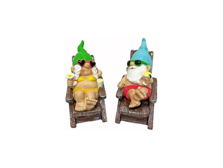 Gartenzwerg Dameco auf Liegestuhl 2-er Set,11 x 19 x 17 cm , mehrfarbig, B:11cm H:17cm, Polyresin (Kunststein), Gartenfiguren, Gartenzwerg