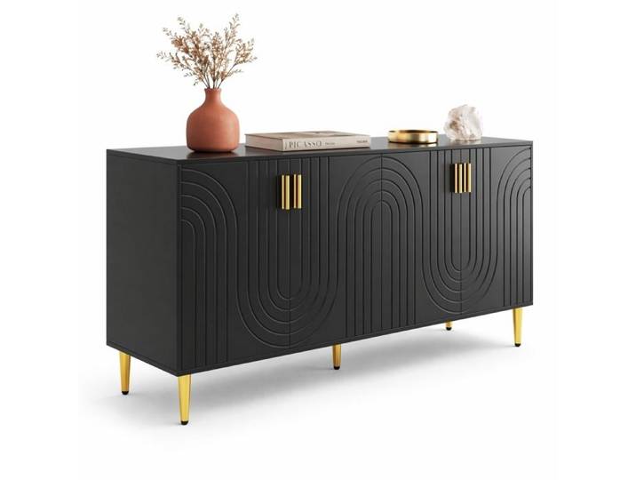 Buffet bas noir design ondulé 152x40x75 cm 4 portes 2 tiroirs poignées et pieds dorés MDF TYNQER