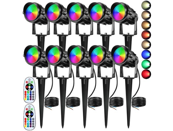 Spot Lumineux de Paysage RGBW 12V, Basse Tension, Imperméable, Éclairage d'Extérieur, Idéal pour un Jardin, un Sentier ou une Pelouse, 10 Pièces Fournies
