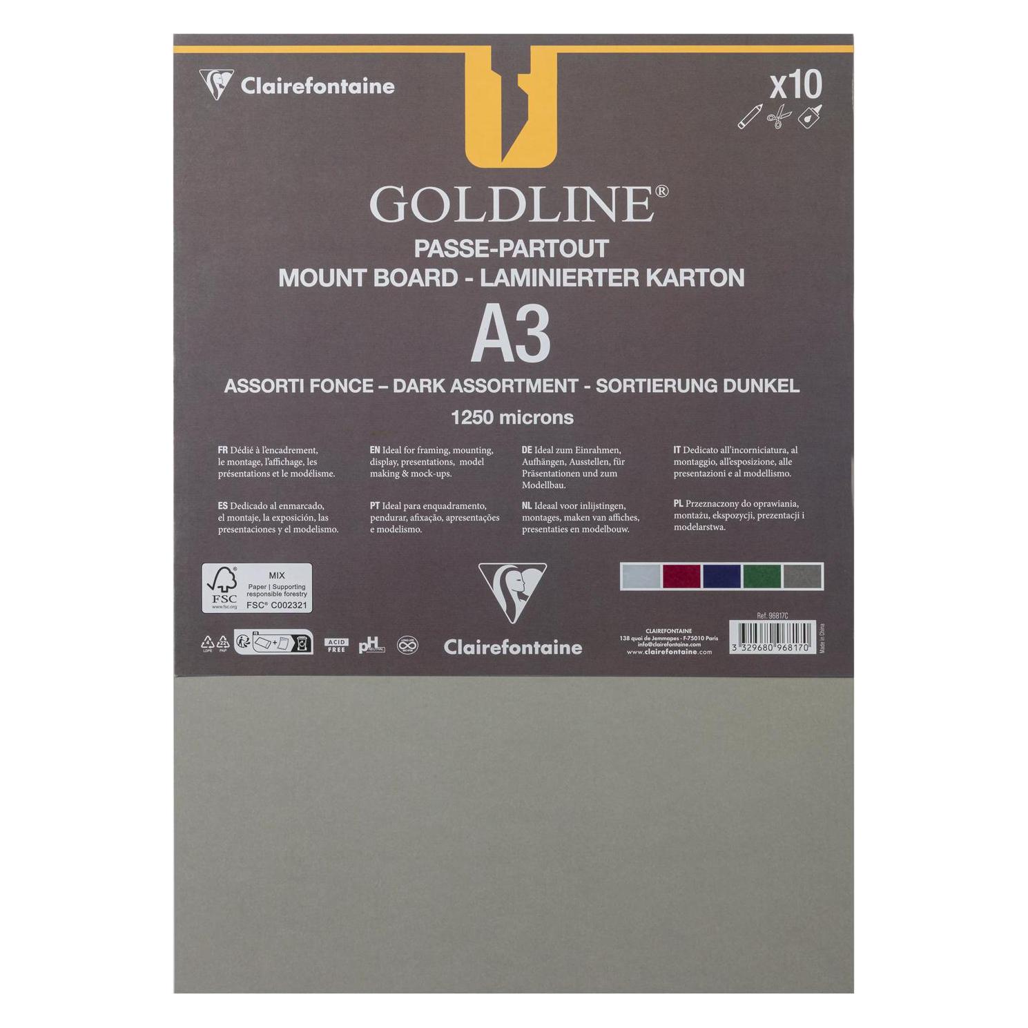 Clairefontaine Goldline Passepartoutkarton A3, 10 Bogen 1,25mm - Sortiment dunkle Farben (10x) (96817C)