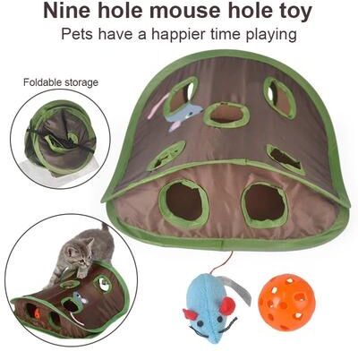Uplift Treasures Folding Nine Hole Cat Tunnel Toy With Plush Mouse And Grab Ball Folding Nine Hole Cat Tunnel Toy With Plush Mouse And Grab Ball