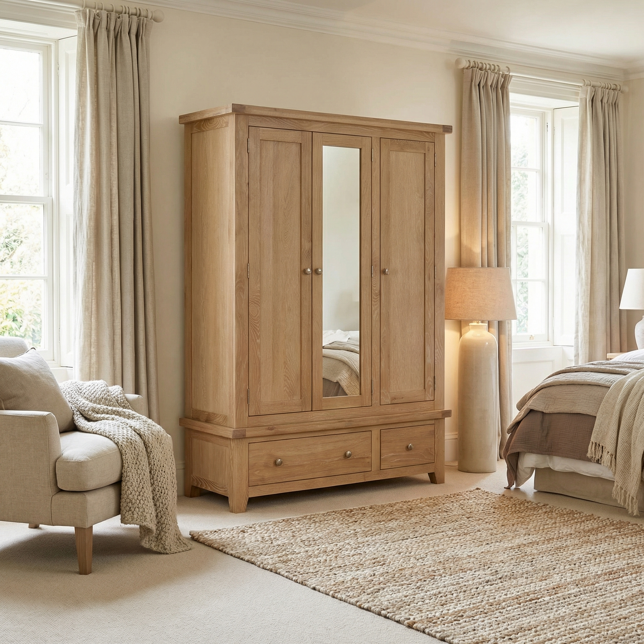 Burford Triple Wardrobe with 2 Drawers in Natural Oak