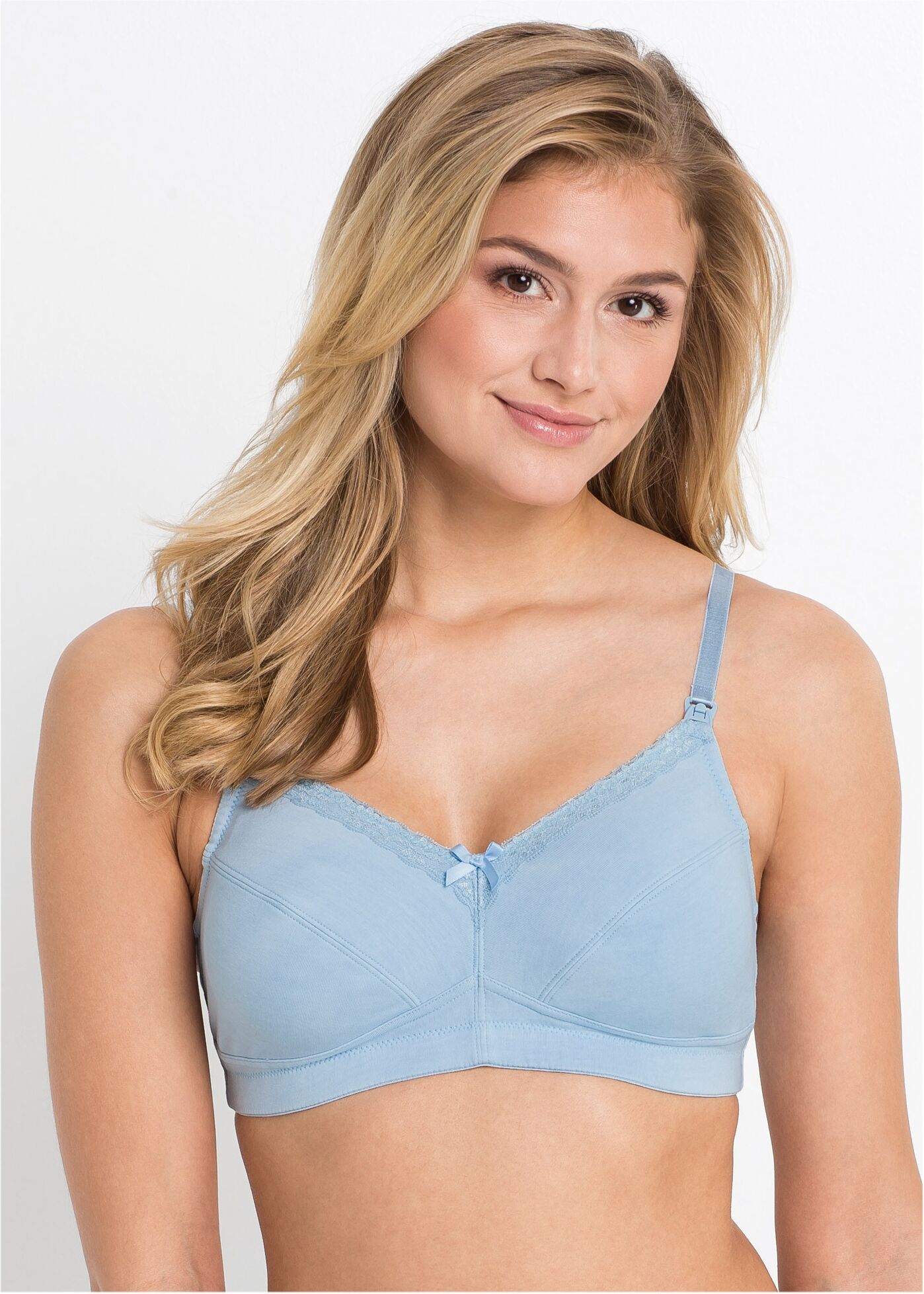 Still-BH BONPRIX, Damen, Gr. 105, Cup B, 3 Stk., gelb (ecrumelange, puderblau, zartrosa), Obermaterial: 95% Baumwolle, 5% Elasthan. Futter: 100% Baumwolle. Spitze: 88% Polyamid, 12% Elasthan, BHs Still-BH, im praktischen 3er Pack, mit Clip-Verschlüssen, a