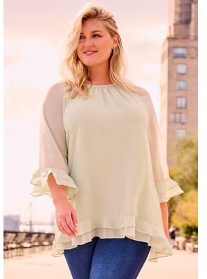 Plus Size Women's Ruffle Sleeve And Hem Blouse by Avenue in Ice Jade (Size 22/24)