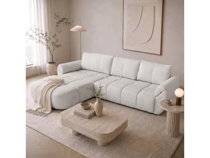 Ecksofa MASSIMO mit Schlaffunktion und Bettkasten, Hellbeige (TORO 25) L-Form, universelle Ottomane, Bonellfederkern, Schlaffläche 140x236 cm, TORO Stoff