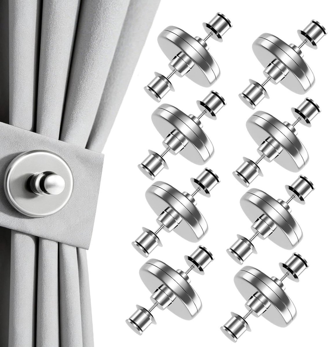 Set van 8 paar magnetische gordijnklemmen in grijs voor privacy en stevige sluiting