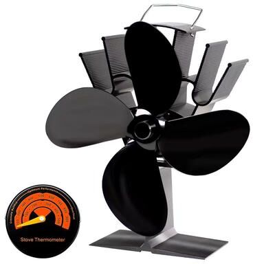 Inspired Finds 4 Blade Heat Powered Stove Fan Eco Friendly Quiet Fireplace Fan For Efficient Wood Burner Heat Distribution with Thermometer A