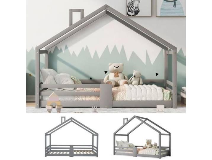 Lit cabane Lit 90x200 cm Lit d'enfant Lit de maison avec cheminée en pin Maison Gris