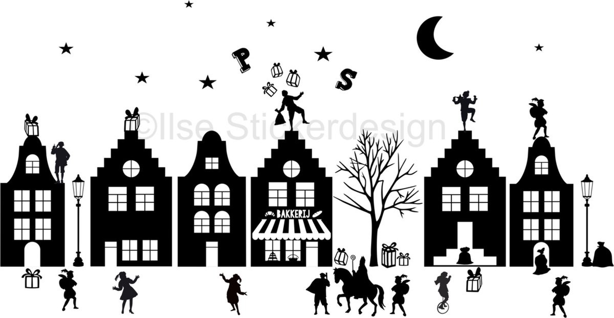 46-delige herbruikbare Sinterklaas raamstickers met Pieten en bakkerij thema in zwart