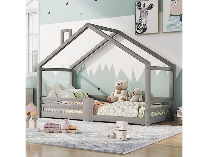 Kayan Kinderbett Hausbett mit Schornstein Rausfallschutz Robuste Lattenroste Kiefernholz Haus Bett für Kinder, 90 x 200 cm (Grau)