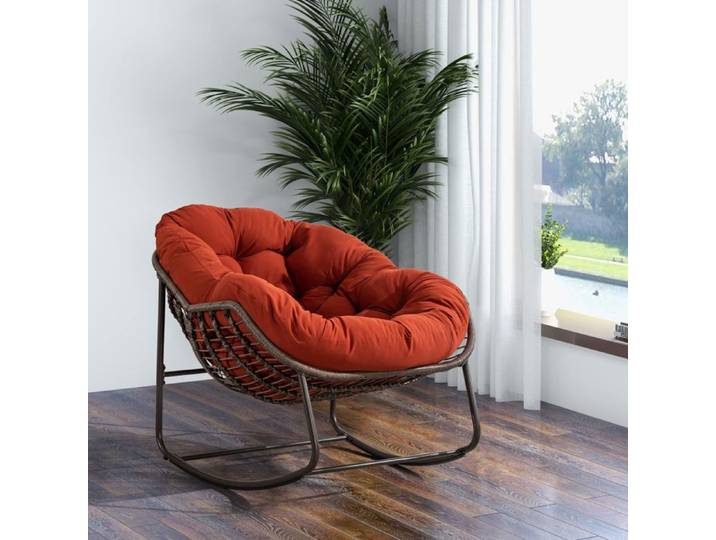 Fauteuil à bascule d'extérieur en rotin fauteuil inclinable rembourré pour véranda salon terrasse ou jardin couleur orange.