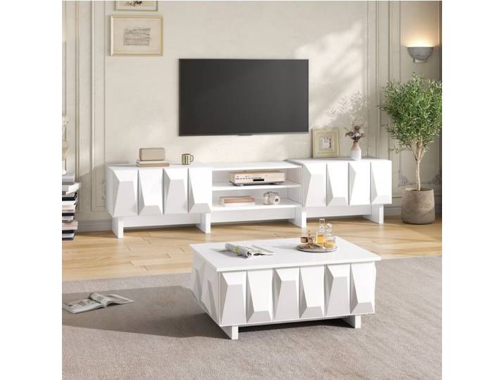 ROVRYN Ensemble meuble TV et table basse blanc en panneaux de particules relief losanges