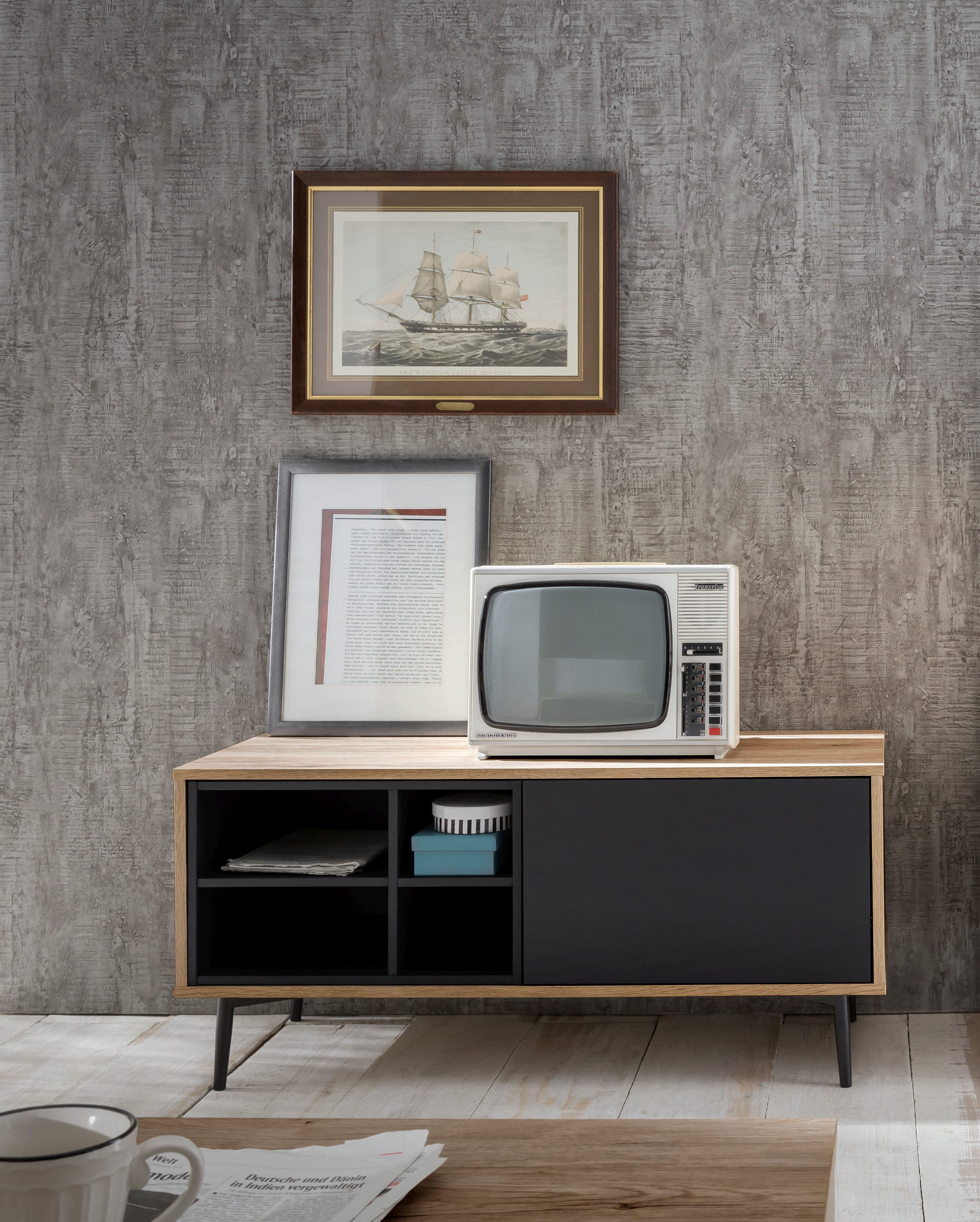 Lowboard SIT "Lecco im Scandi-Stil mit 1 Tür, 4 offenen Fächern und Metallbeinen", beige (natur, grau), B:97cm H:45cm T:39cm, Sideboards, Lowboard, Grifflose Front mit glatter Dekorfolie und stilvollen Metallbeinen natur, grau B/H/T: 97cm x 45cm x 39cm, 1