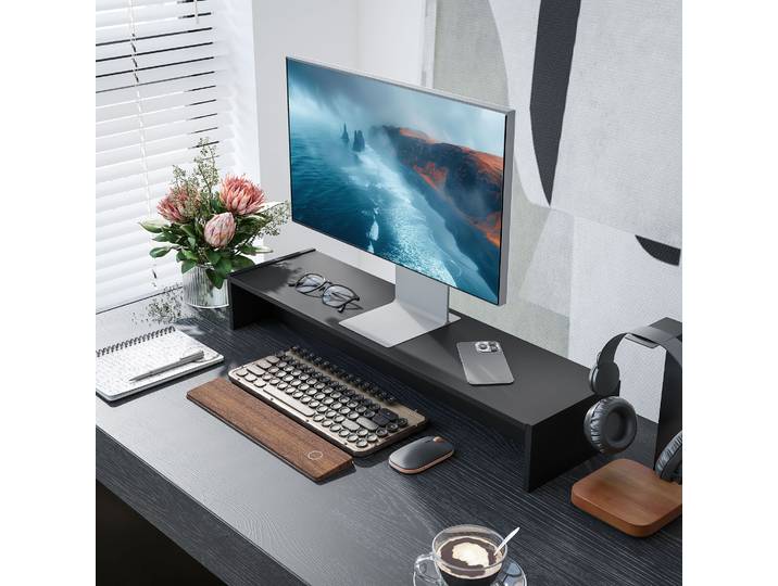 HOMCOM Rehausseur écran PC bureau support d'écran d'ordinateur de 100 cm support moniteur avec deux compartiments, noir