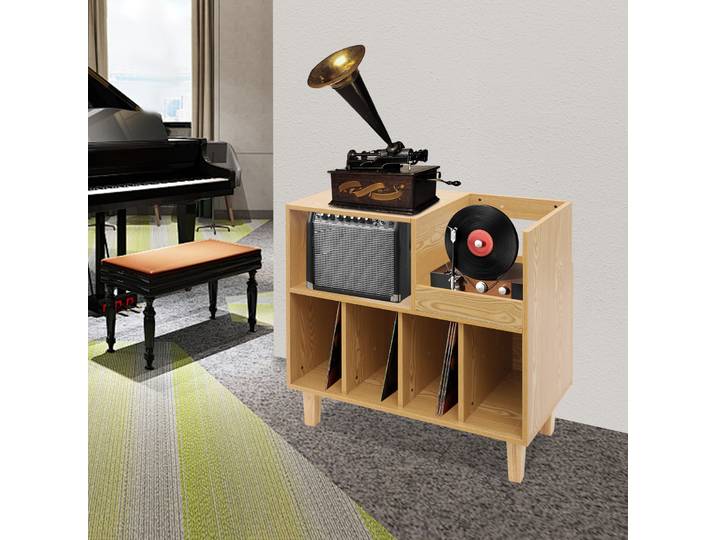 Support pour tourne-disques avec étagère, support pour CD, 6 compartiments pour ranger des disques vinyles, des CD et des joueurs