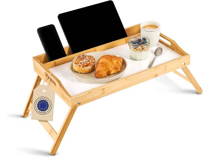 Blumtal Bed Dienblad van Bamboe - 50 x 30 cm - Met stand voor tablets en smartphones - Ontbijt op bed dienblad - Opvouwbaar dienblad - Dienblad met poten - Wit