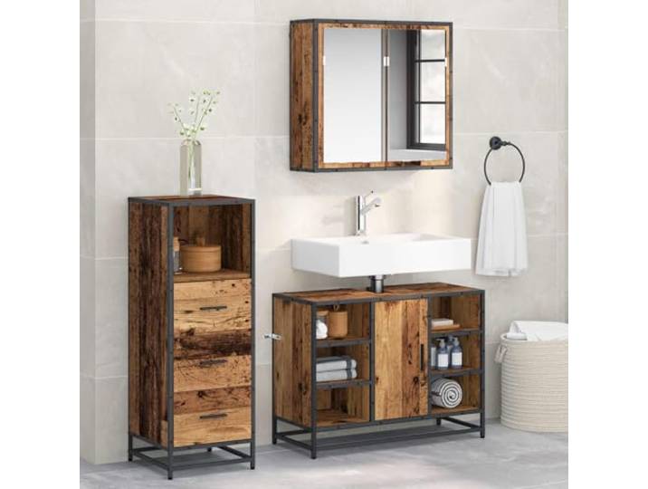 YUOGHRTFE Badezimmermoebel-Set 3 STK. Altholz 80x33x60 cm Schrank Regal 3-teilig, Holzwerkstoff, wandmontierbar, Tueren und Schubladen, moderne schwarze Akzente