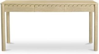 NADAAL STUDIOS Thalen Desk, Rectangular, Mango Wood, Three Drawers, Heavy Brass Handles, Scalloped Edges, Monolithic Round Legs, Natural