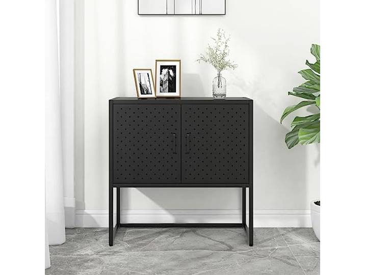 RJPLMFV Anrichte, Schwarz, 75 x 35 x 75 cm, Stahl, 2 Türen Verstellbare Ebenen, stabile Oberseite, Aufbewahrung für Gegenstände, Wohnzimmerdekoration