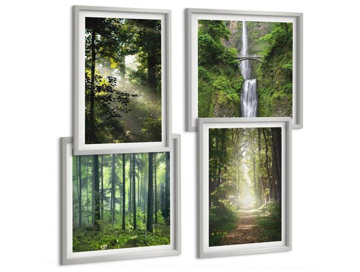 BILDER SET 4er Set - 50x50 cm & 40x60 cm Silberner Rahmen - Grüne Wälder, Lichtstrahlen