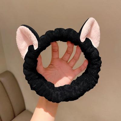 Inspired Finds CuteCat Coral Plush Hairband Soft Bow & Cat Ear Headband For Face Wash, Makeup & Skin Care black