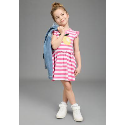 Jerseykleid KIDSWORLD "mit Pailletten für kleine Mädchen - Kirschen oder Zitronen Motiv", Mädchen, Gr. 92/98, N-Gr, rosa (pink geringelt), Jersey, Obermaterial: 95% Baumwolle, 5% Elasthan, bedruckt, geringelt, ausgestellt kniefrei, Rundhals,...