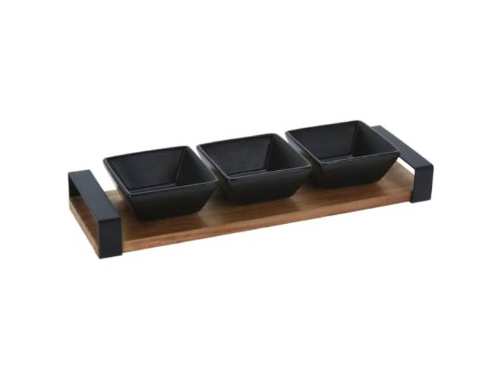 Set apéritif avec plateau en bois et 3 bols noirs en grès