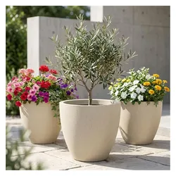 Ethick, Blumentopf, 3er-Set Moderner Pflanzkübel Rund Ø38cm in Sand, Blumentopf 23L aus Kunststoff für Innen & Aussen (38 x 32 cm)